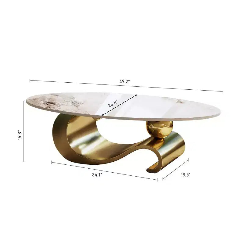 Tavolino da caffè ovale 49 con ripiano in finto marmo e base in acciaio inossidabile, tavolo centrale moderno o tavolino da cocktail per soggiorno-Panipeachy
