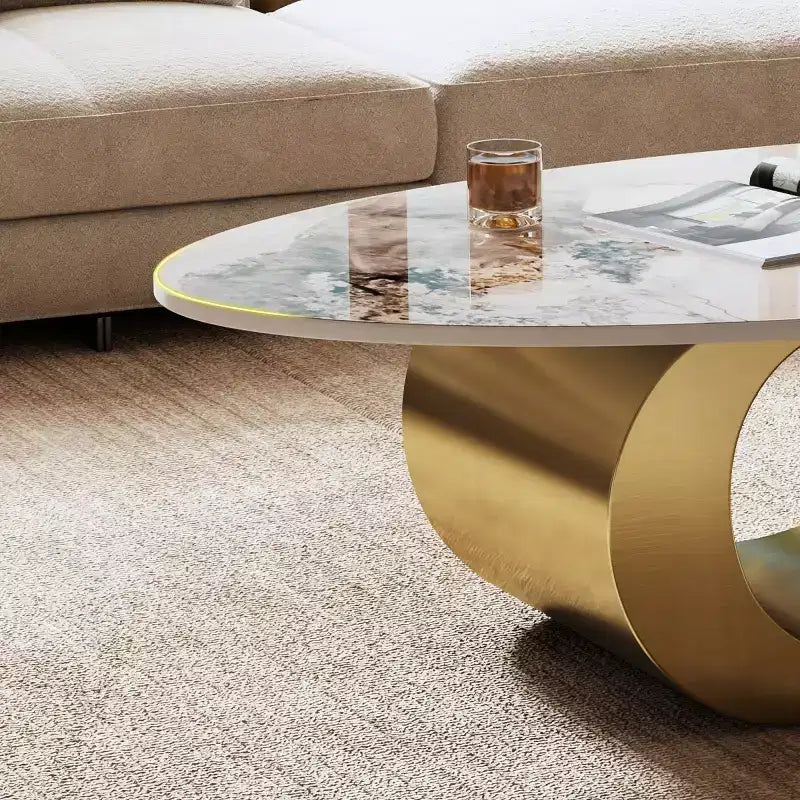 Tavolino da caffè ovale 49 con ripiano in finto marmo e base in acciaio inossidabile, tavolo centrale moderno o tavolino da cocktail per soggiorno-Panipeachy