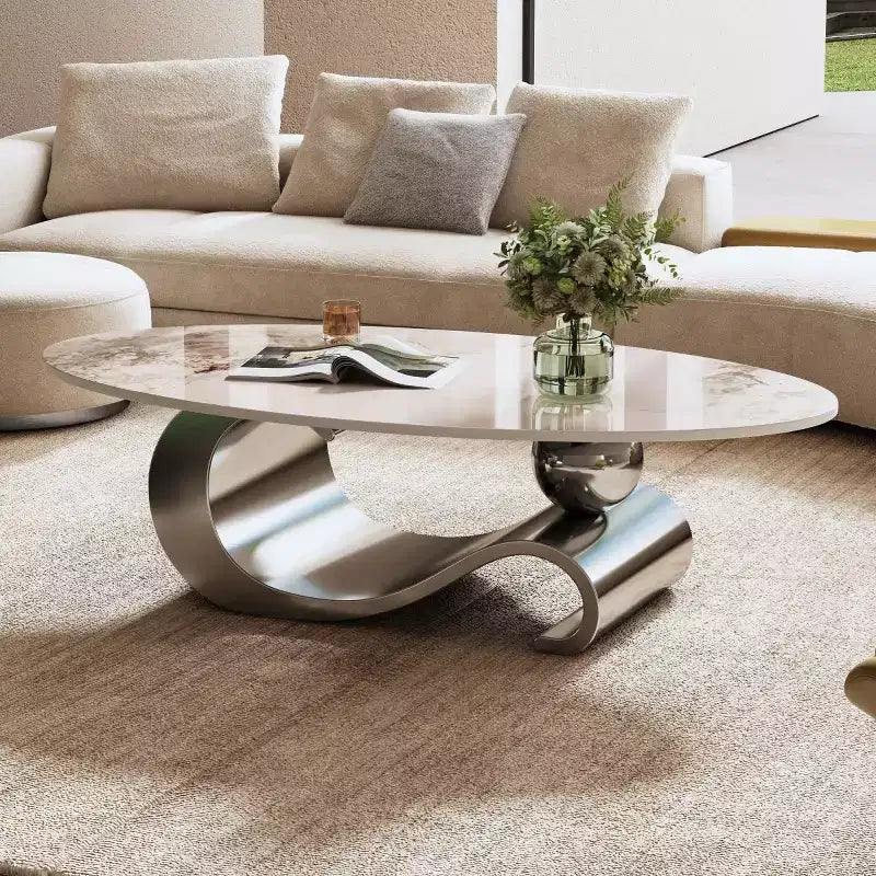 Tavolino da caffè ovale 49 con ripiano in finto marmo e base in acciaio inossidabile, tavolo centrale moderno o tavolino da cocktail per soggiorno-Panipeachy