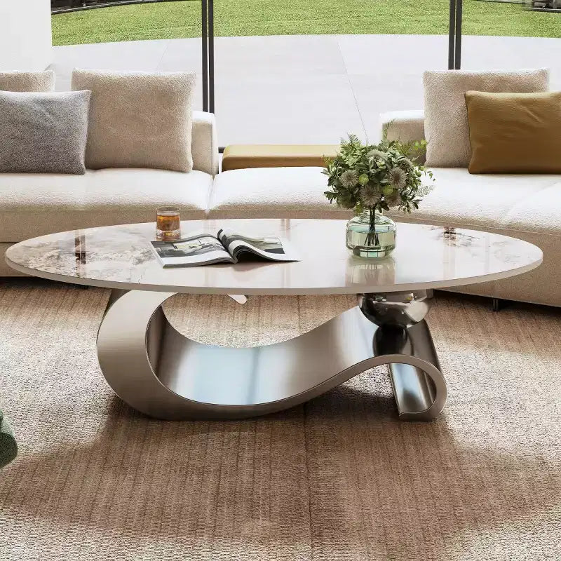 Tavolino da caffè ovale 49 con ripiano in finto marmo e base in acciaio inossidabile, tavolo centrale moderno o tavolino da cocktail per soggiorno-Panipeachy