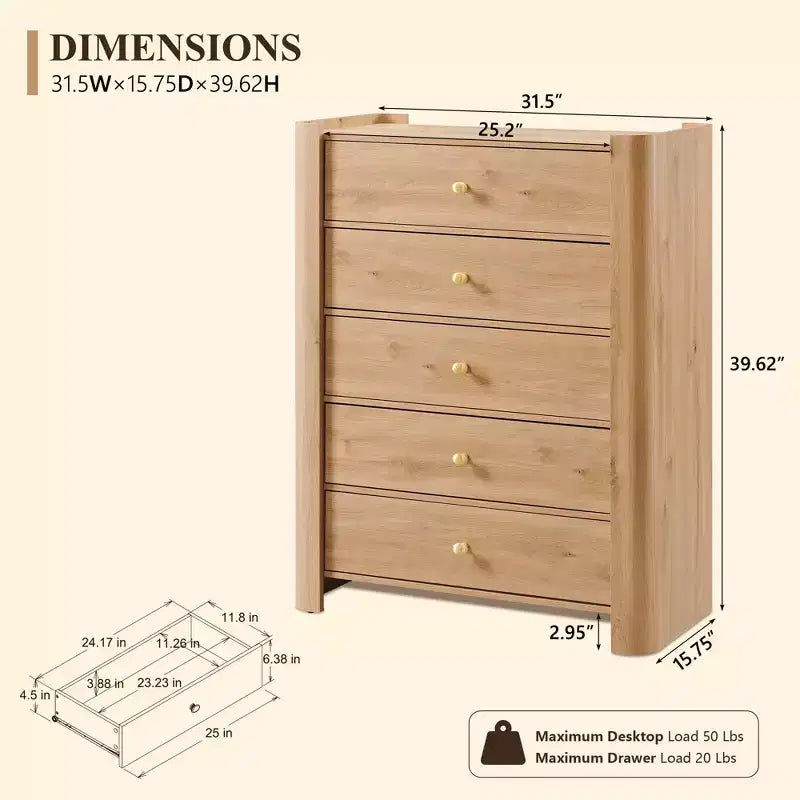 Cassettiera moderna a 5 cassetti con profilo curvo, mobile in legno alto 100,6 cm con maniglie in metallo dorato, armadio portaoggetti per camera da letto, soggiorno, corridoio