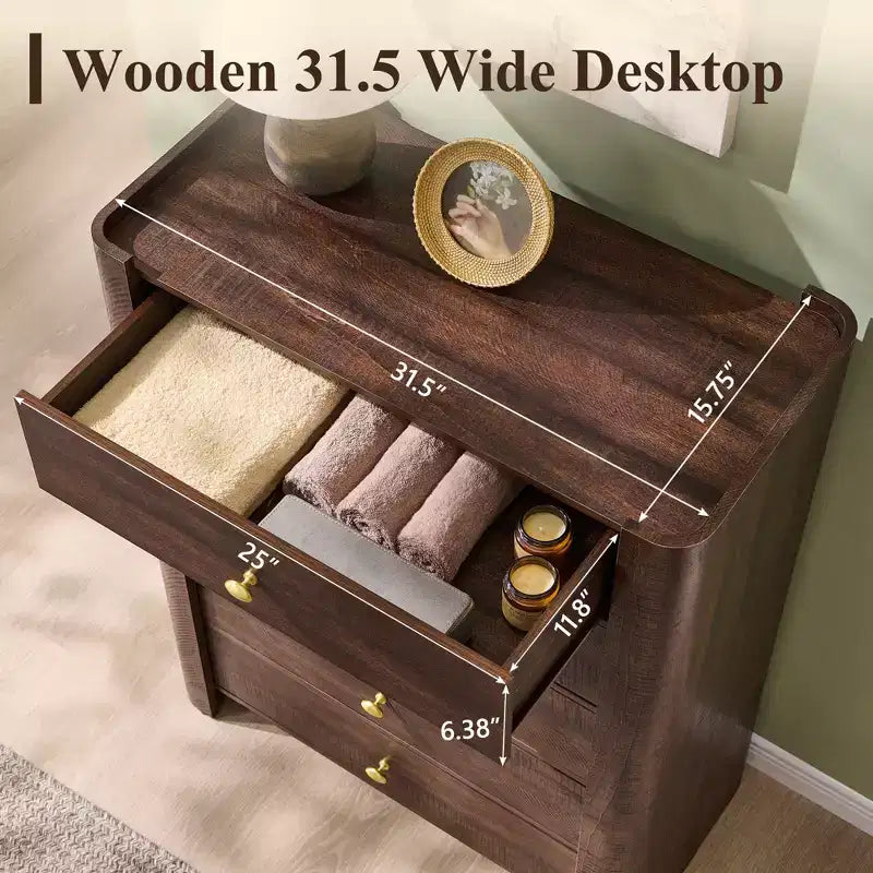 Cassettiera moderna a 5 cassetti con profilo curvo, mobile in legno alto 100,6 cm con maniglie in metallo dorato, armadio portaoggetti per camera da letto, soggiorno, corridoio