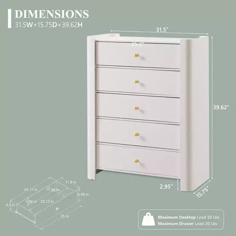 Cassettiera moderna a 5 cassetti con profilo curvo, mobile in legno alto 100,6 cm con maniglie in metallo dorato, armadio portaoggetti per camera da letto, soggiorno, corridoio