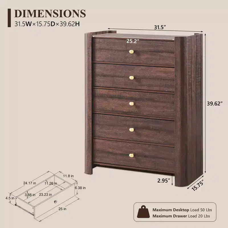 Cassettiera moderna a 5 cassetti con profilo curvo, mobile in legno alto 100,6 cm con maniglie in metallo dorato, armadio portaoggetti per camera da letto, soggiorno, corridoio