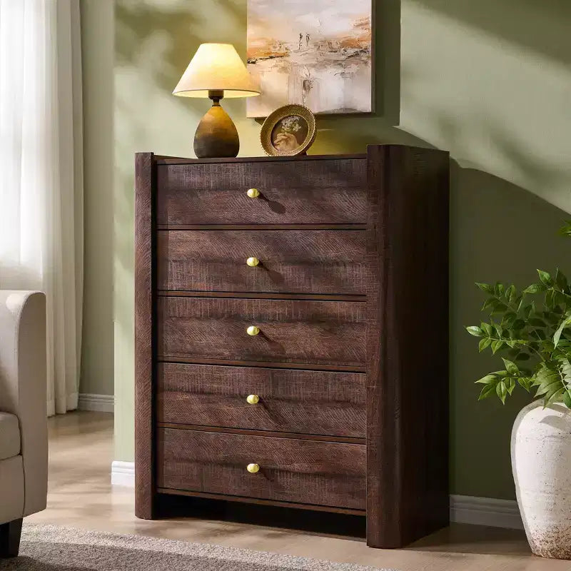Modern 5 Drawer Dresser with Curved Profile 39.6 Tall Wooden Chest with Golden Metal Handles Storage Cabinet for Bedroom Living Room Hallway