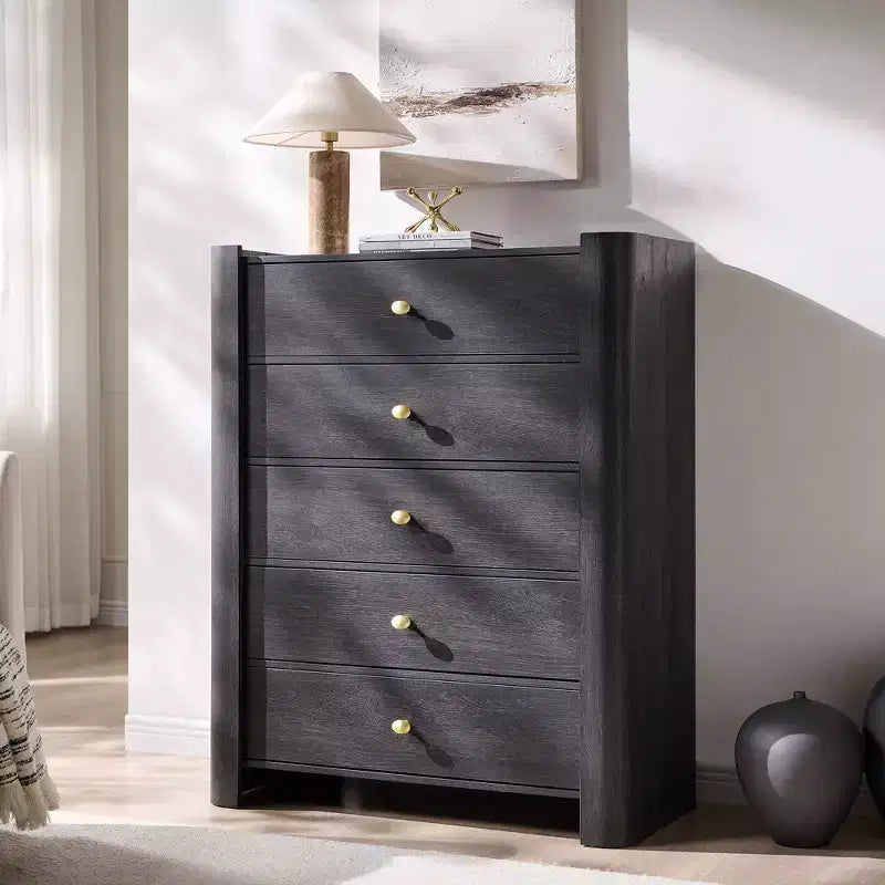 Cassettiera moderna a 5 cassetti con profilo curvo, mobile in legno alto 100,6 cm con maniglie in metallo dorato, armadio portaoggetti per camera da letto, soggiorno, corridoio