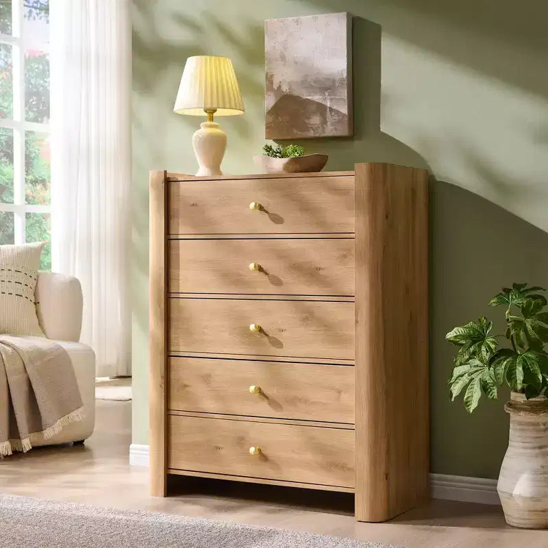 Cassettiera moderna a 5 cassetti con profilo curvo, mobile in legno alto 100,6 cm con maniglie in metallo dorato, armadio portaoggetti per camera da letto, soggiorno, corridoio