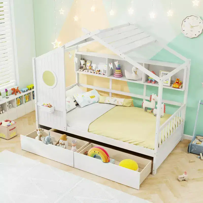 Costway Lettino a Casetta per Bambini Singolo con 2 Cassetti Contenitore e Spondine di Protezione