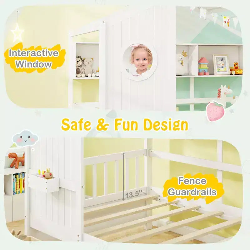 Costway Lettino a Casetta per Bambini Singolo con 2 Cassetti Contenitore e Spondine di Protezione