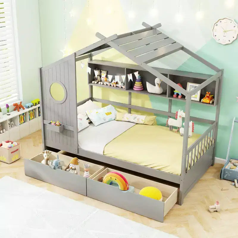 Costway Lettino a Casetta per Bambini Singolo con 2 Cassetti Contenitore e Spondine di Protezione