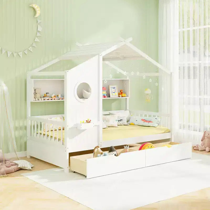 Costway Lettino a Casetta per Bambini Singolo con 2 Cassetti Contenitore e Spondine di Protezione