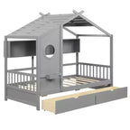 Costway Twin Size House Bed Kids Bed Frame w/ 2 Storage Drawers & Fence Guardrails