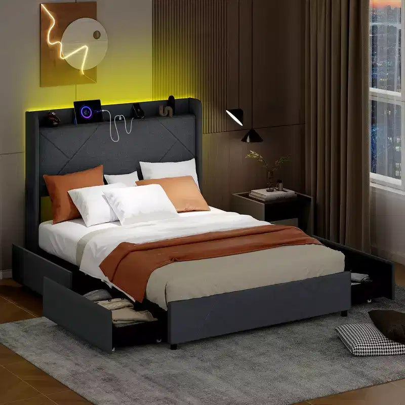 Struttura letto Costway con luci a LED, stazione di ricarica, 2 tasche portaoggetti e 4 cassetti
