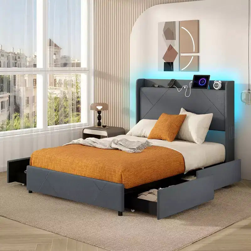 Struttura letto Costway con luci a LED, stazione di ricarica, 2 tasche portaoggetti e 4 cassetti