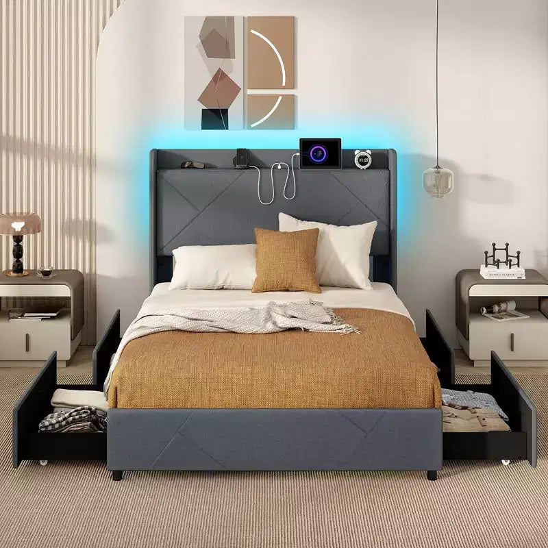 Struttura letto Costway con luci a LED, stazione di ricarica, 2 tasche portaoggetti e 4 cassetti