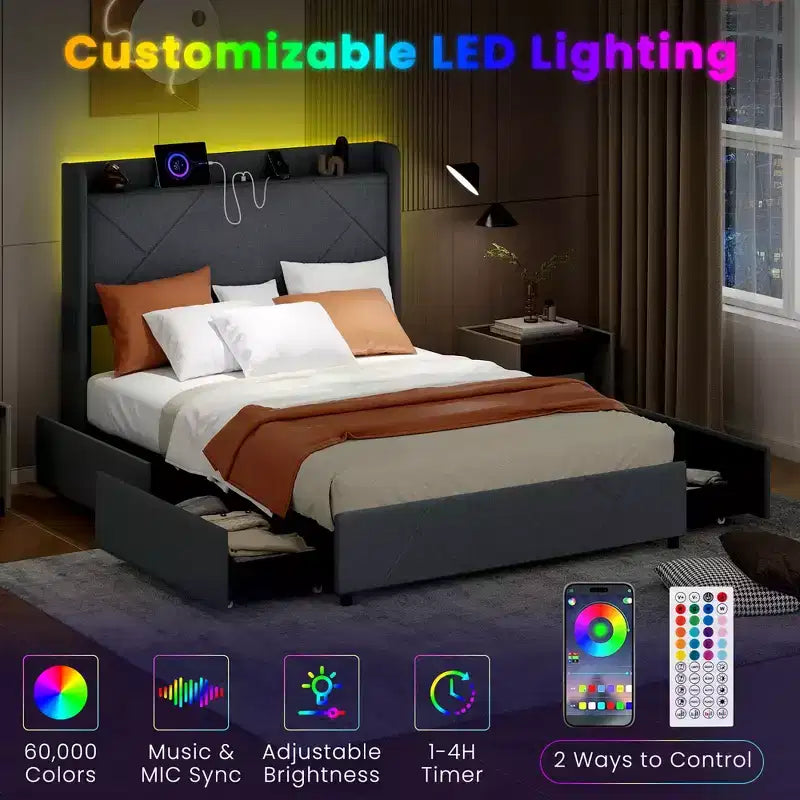 Struttura letto Costway con luci a LED, stazione di ricarica, 2 tasche portaoggetti e 4 cassetti