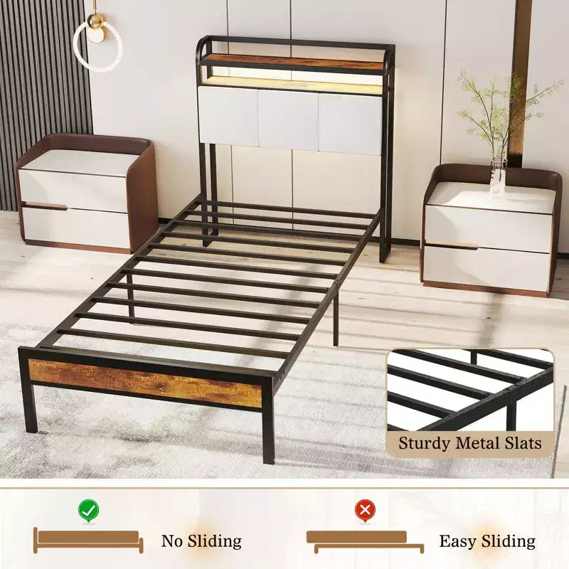Struttura letto Costway Full/Queen/King size con stazione di ricarica, letto a piattaforma in metallo con testiera imbottita