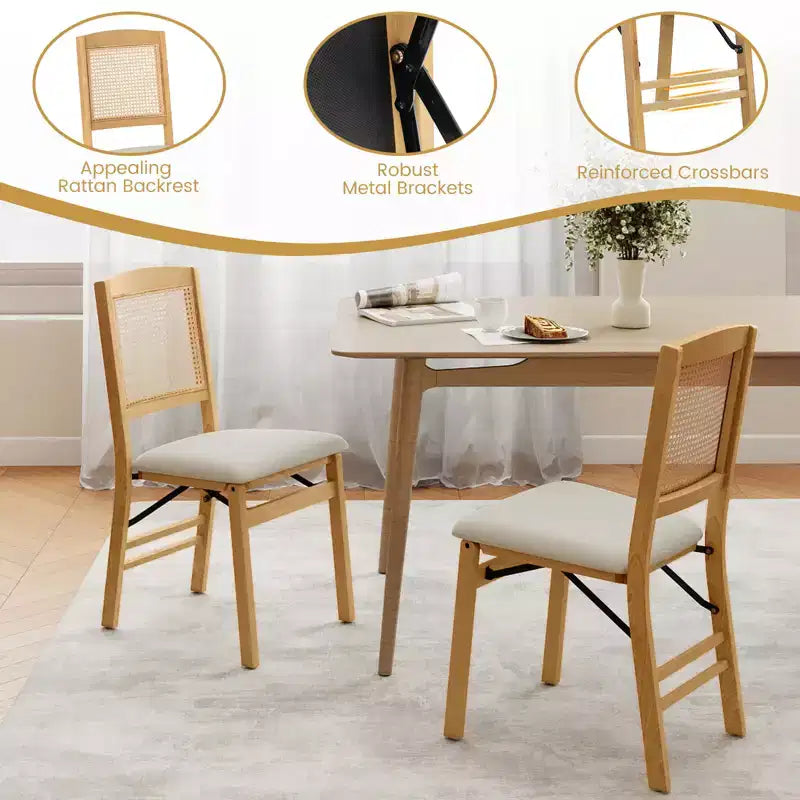 Set di 2 sedie pieghevoli da pranzo Costway con seduta imbottita in lino e schienale in rattan per cucina