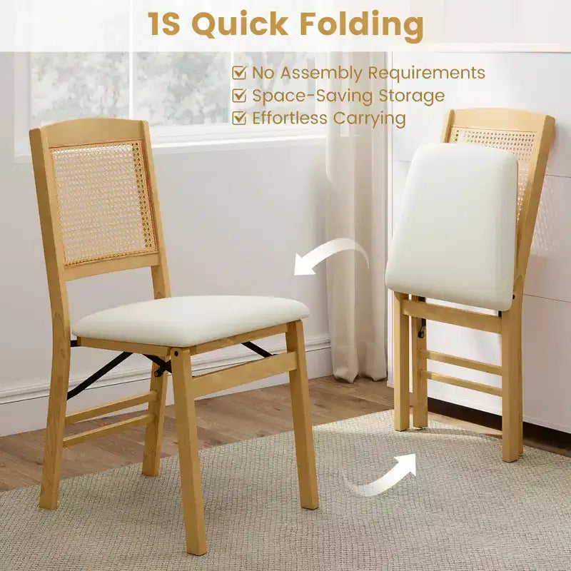 Set di 2 sedie pieghevoli da pranzo Costway con seduta imbottita in lino e schienale in rattan per cucina