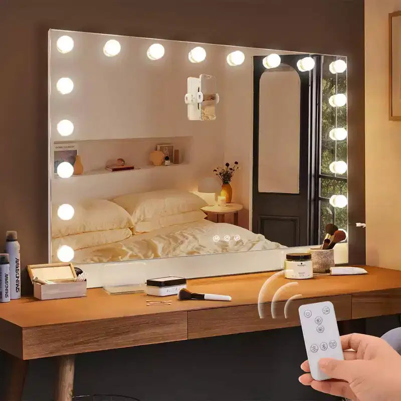 GDFStudio Iver Specchio da trucco moderno in alluminio con luci e telecomando, porta di ricarica e supporto per telefono