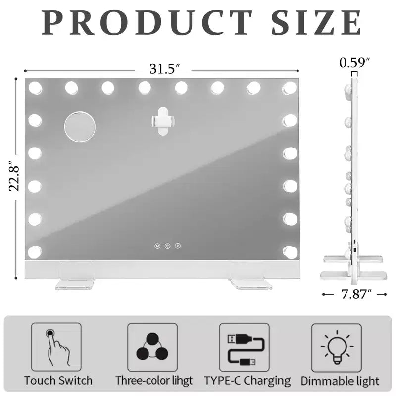 GDFStudio Iver Specchio da trucco moderno in alluminio con luci e telecomando, porta di ricarica e supporto per telefono