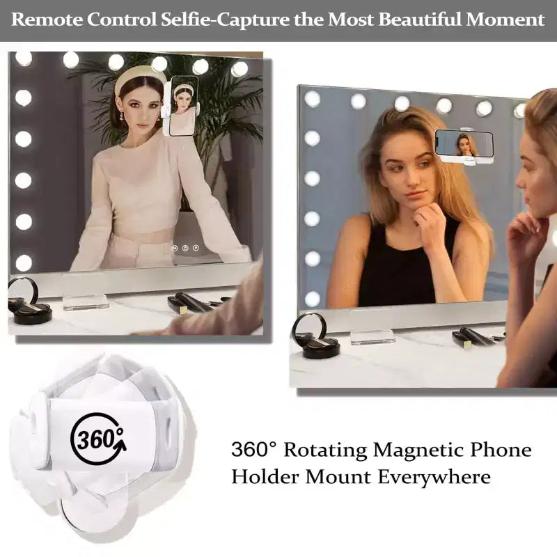GDFStudio Iver Specchio da trucco moderno in alluminio con luci e telecomando, porta di ricarica e supporto per telefono