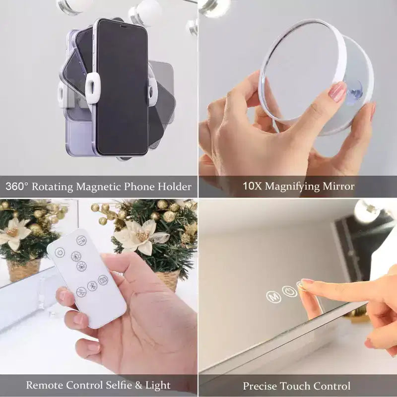 GDFStudio Iver Specchio da trucco moderno in alluminio con luci e telecomando, porta di ricarica e supporto per telefono