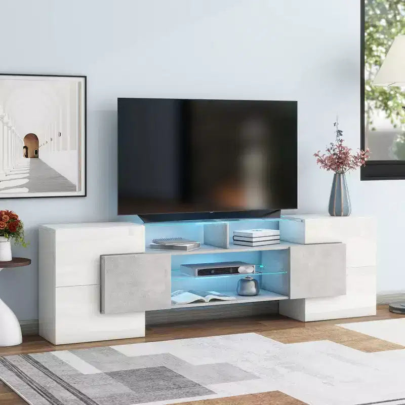 LED Light TV Stand with for 88 inch TV, Wood Media Console with Glass Shelves, High Gloss Entertainment Center for Living Room, Grey