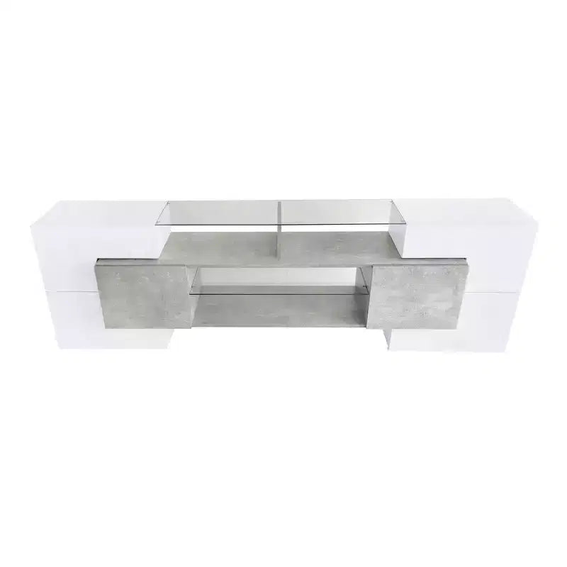 Mobile TV con luci a LED per TV da 88 pollici, consolle multimediale in legno con ripiani in vetro, mobile da intrattenimento lucido per soggiorno, grigio