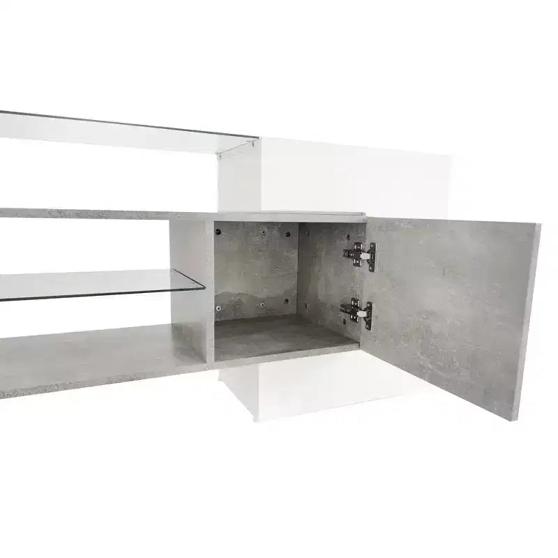Mobile TV con luci a LED per TV da 88 pollici, consolle multimediale in legno con ripiani in vetro, mobile da intrattenimento lucido per soggiorno, grigio