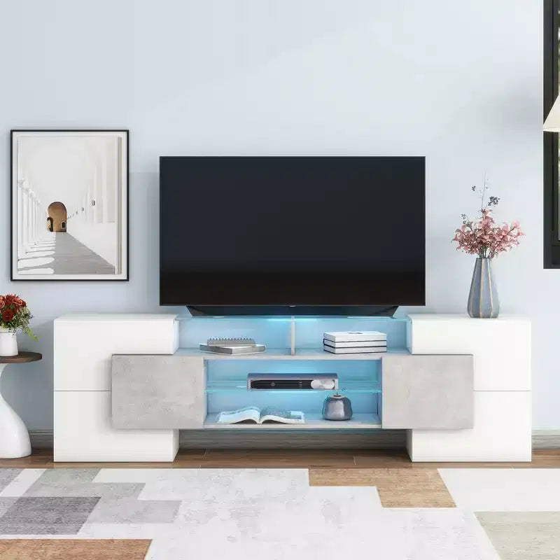 Mobile TV con luci a LED per TV da 88 pollici, consolle multimediale in legno con ripiani in vetro, mobile da intrattenimento lucido per soggiorno, grigio