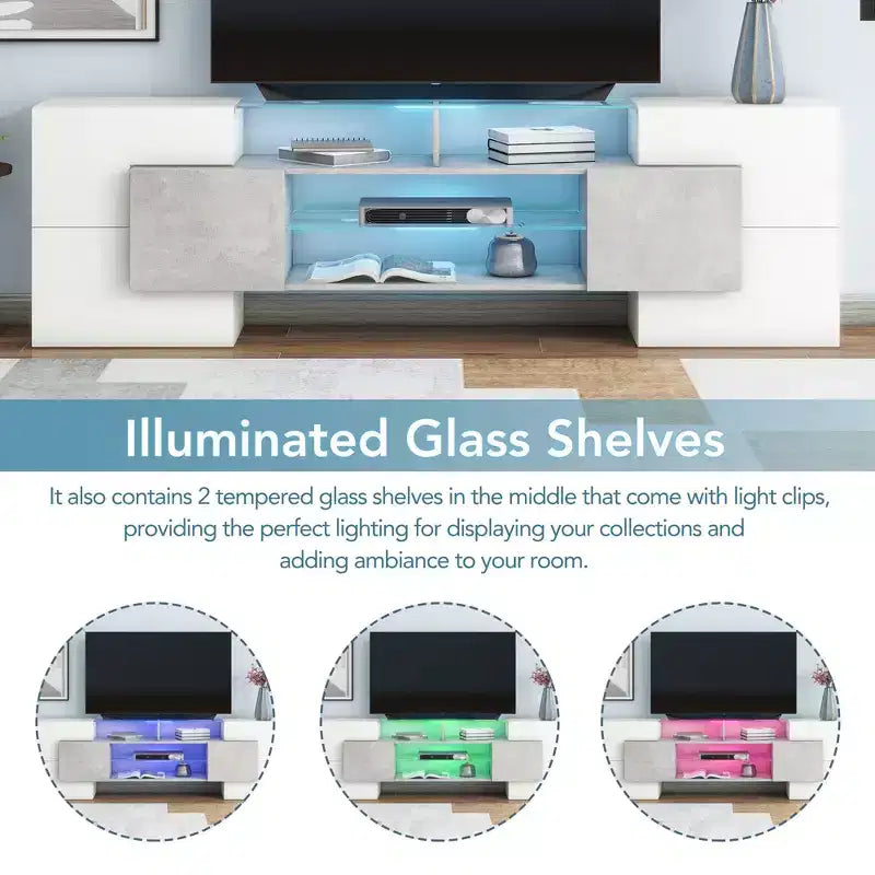 Mobile TV con luci a LED per TV da 88 pollici, consolle multimediale in legno con ripiani in vetro, mobile da intrattenimento lucido per soggiorno, grigio