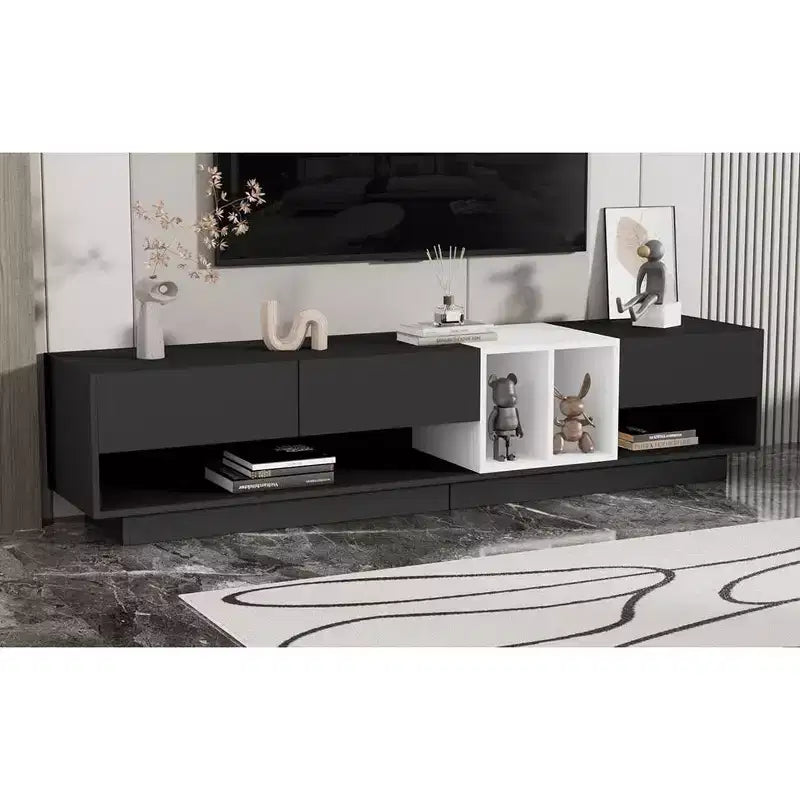 Mobile TV moderno bicolore per TV da 80 pollici, mobile TV in legno con contenitore, centro di intrattenimento, consolle multimediale con vani versatili