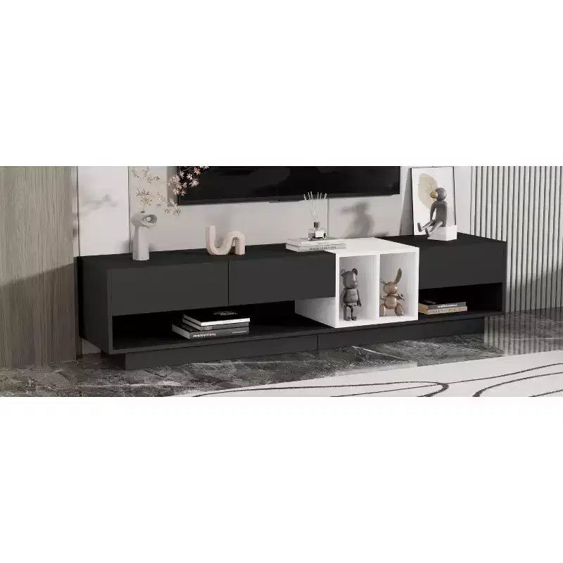 Mobile TV moderno bicolore per TV da 80 pollici, mobile TV in legno con contenitore, centro di intrattenimento, consolle multimediale con vani versatili