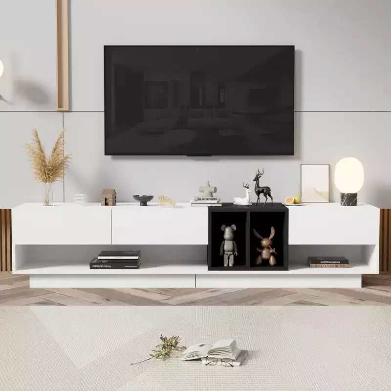 Mobile TV moderno bicolore per TV da 80 pollici, mobile TV in legno con contenitore, centro di intrattenimento, consolle multimediale con vani versatili