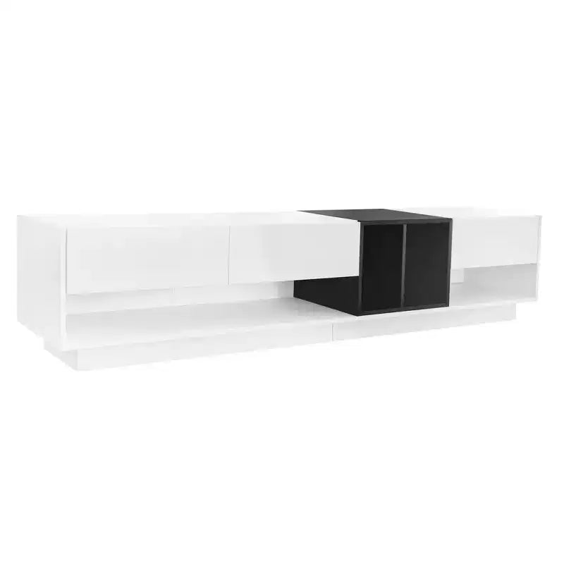 Mobile TV moderno bicolore per TV da 80 pollici, mobile TV in legno con contenitore, centro di intrattenimento, consolle multimediale con vani versatili