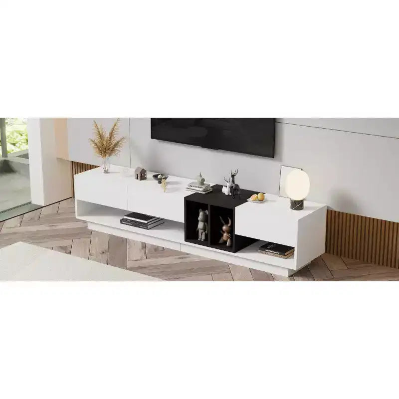 Mobile TV moderno bicolore per TV da 80 pollici, mobile TV in legno con contenitore, centro di intrattenimento, consolle multimediale con vani versatili