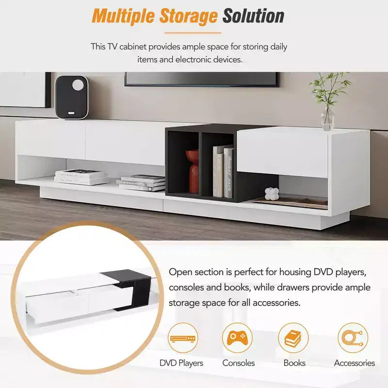Mobile TV moderno bicolore per TV da 80 pollici, mobile TV in legno con contenitore, centro di intrattenimento, consolle multimediale con vani versatili