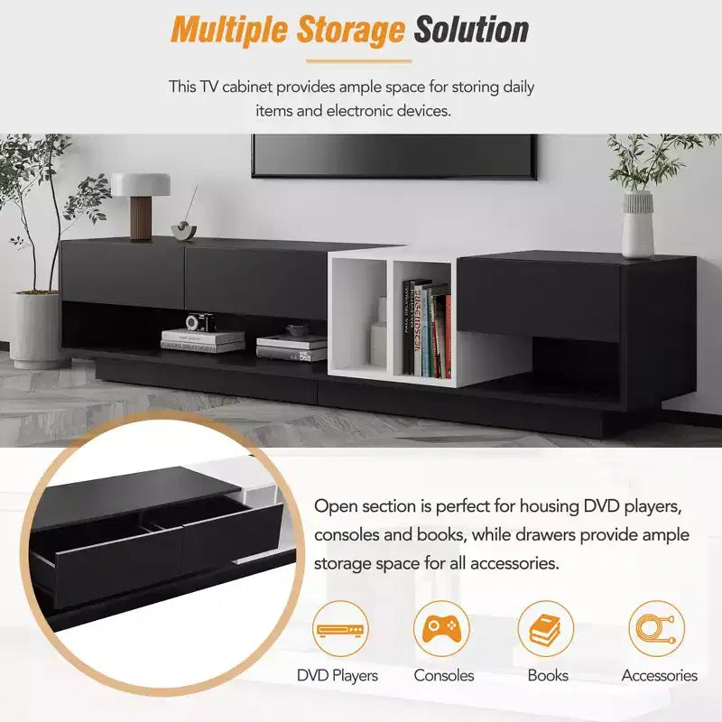 Mobile TV moderno bicolore per TV da 80 pollici, mobile TV in legno con contenitore, centro di intrattenimento, consolle multimediale con vani versatili