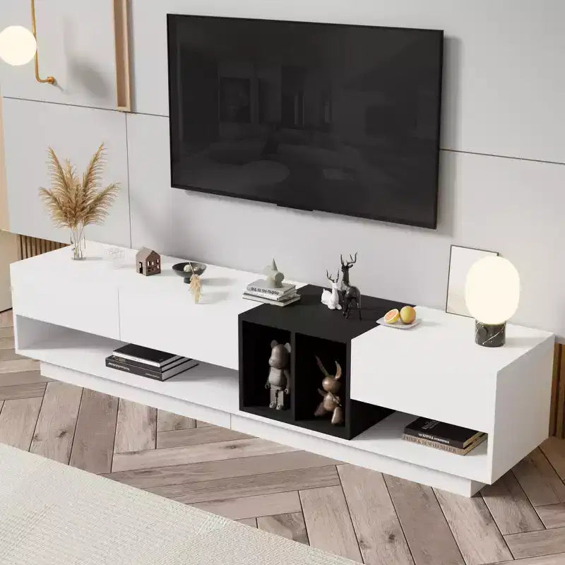 Mobile TV moderno bicolore per TV da 80 pollici, mobile TV in legno con contenitore, centro di intrattenimento, consolle multimediale con vani versatili
