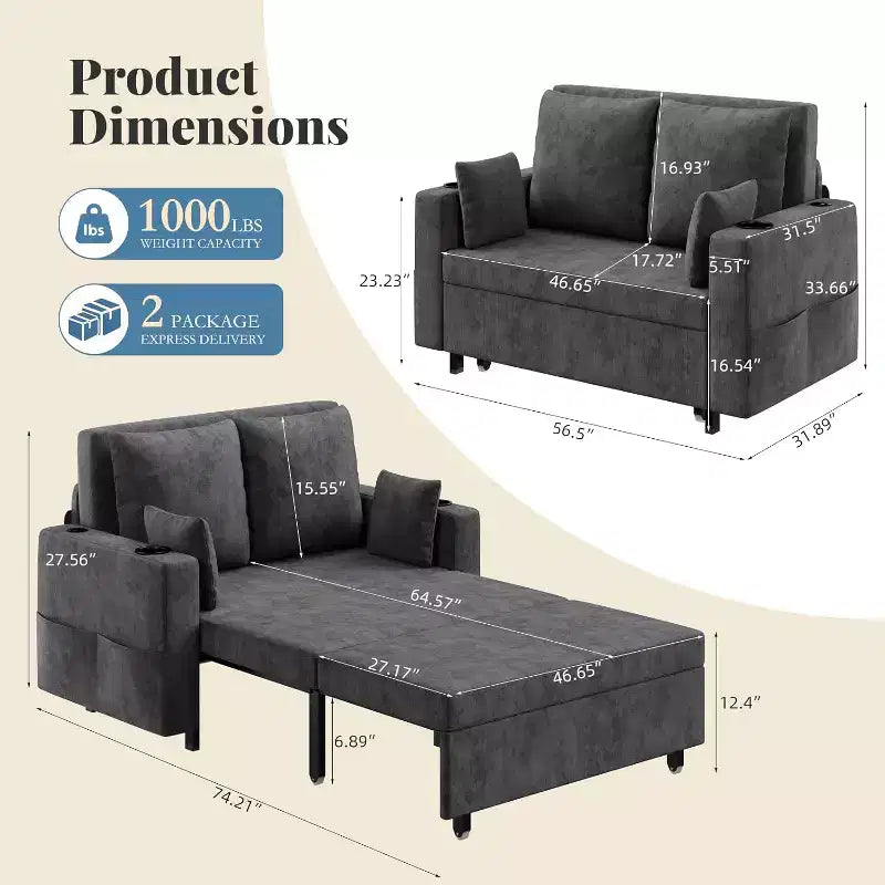 Divano letto estraibile 3-in-1, divano letto a 2 posti da 56" con portabicchieri e ricarica USB, divano letto estraibile a una piazza e mezza