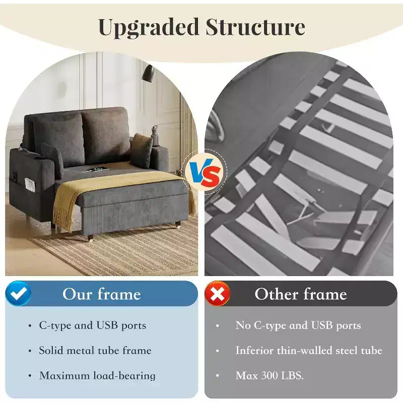 Divano letto estraibile 3-in-1, divano letto a 2 posti da 56" con portabicchieri e ricarica USB, divano letto estraibile a una piazza e mezza