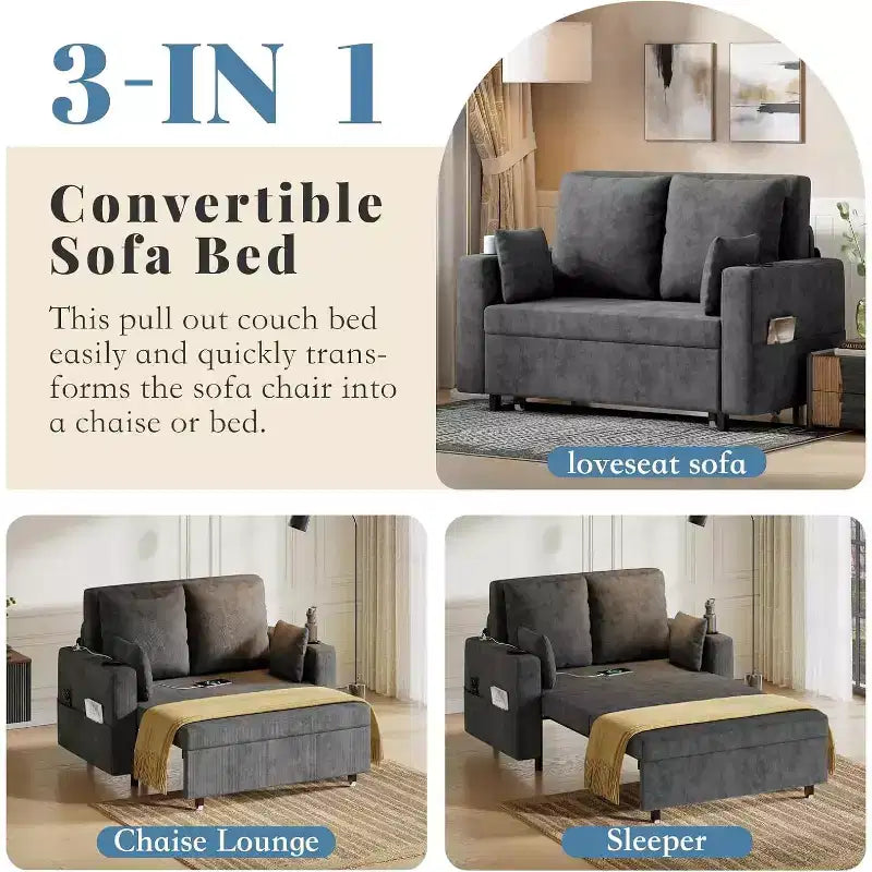 Divano letto estraibile 3-in-1, divano letto a 2 posti da 56" con portabicchieri e ricarica USB, divano letto estraibile a una piazza e mezza
