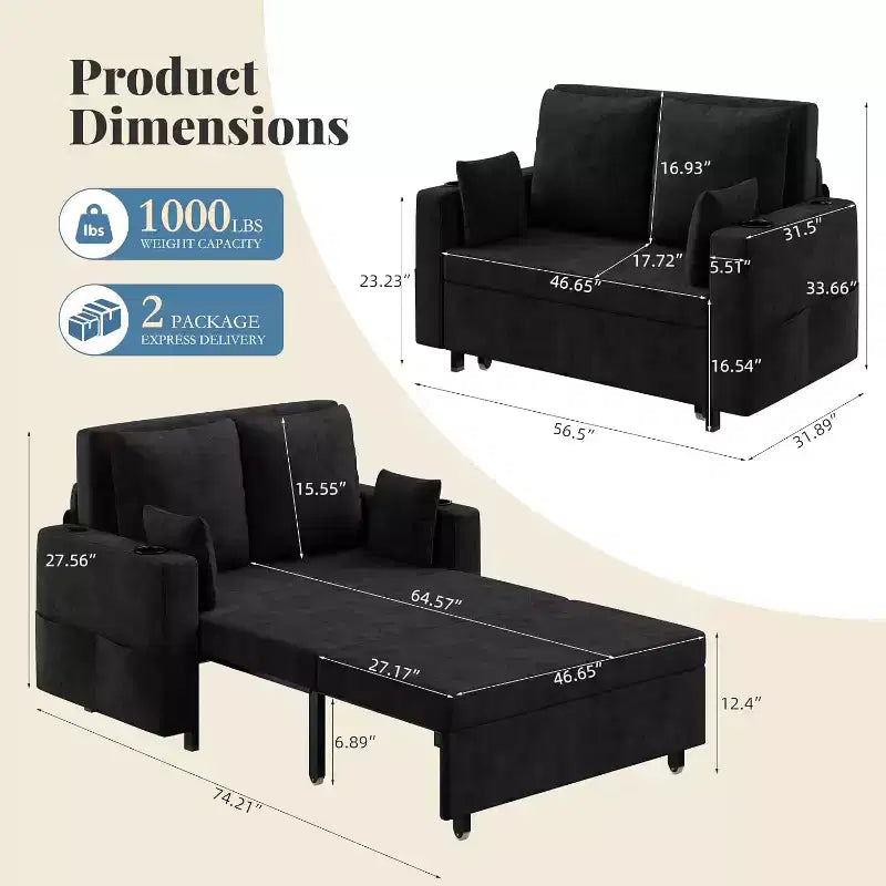 Divano letto estraibile 3-in-1, divano letto a 2 posti da 56" con portabicchieri e ricarica USB, divano letto estraibile a una piazza e mezza