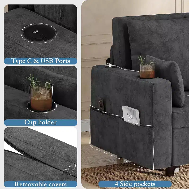Divano letto estraibile 3-in-1, divano letto a 2 posti da 56" con portabicchieri e ricarica USB, divano letto estraibile a una piazza e mezza