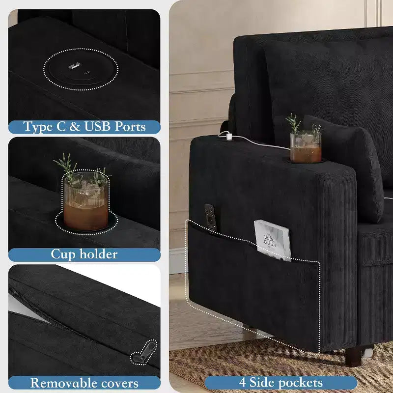 Divano letto estraibile 3-in-1, divano letto a 2 posti da 56" con portabicchieri e ricarica USB, divano letto estraibile a una piazza e mezza