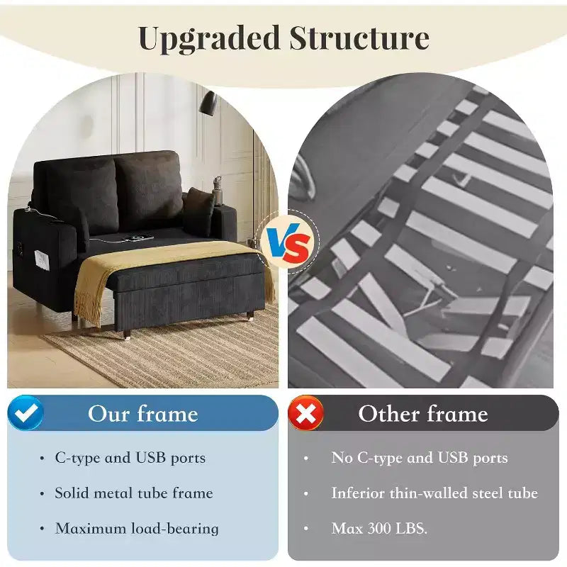 Divano letto estraibile 3-in-1, divano letto a 2 posti da 56" con portabicchieri e ricarica USB, divano letto estraibile a una piazza e mezza