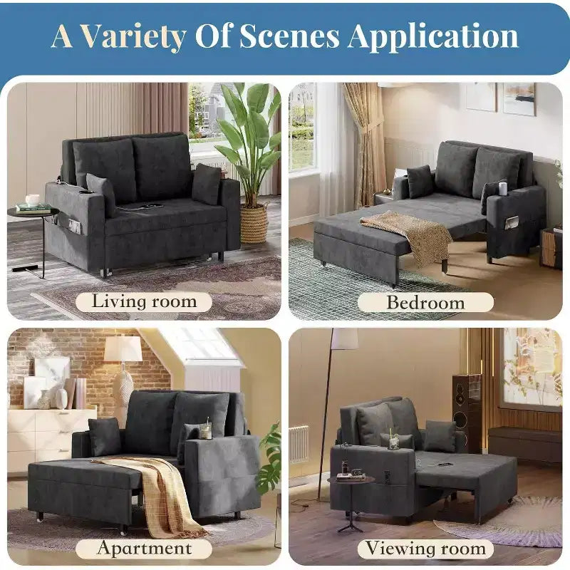 Divano letto estraibile 3-in-1, divano letto a 2 posti da 56" con portabicchieri e ricarica USB, divano letto estraibile a una piazza e mezza