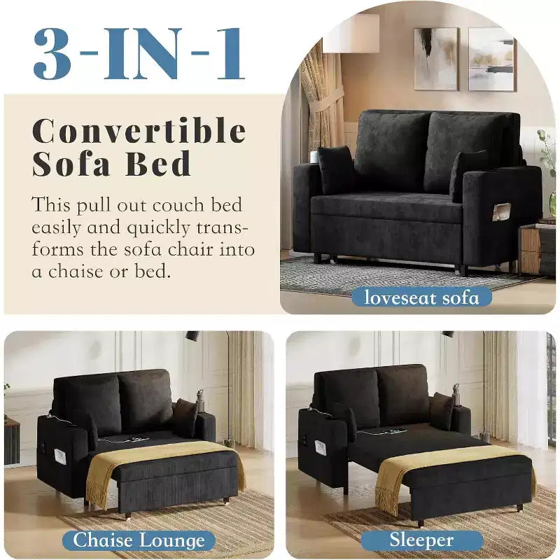 Divano letto estraibile 3-in-1, divano letto a 2 posti da 56" con portabicchieri e ricarica USB, divano letto estraibile a una piazza e mezza