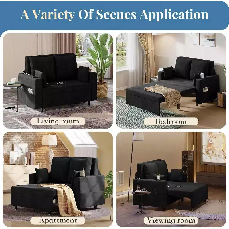 Divano letto estraibile 3-in-1, divano letto a 2 posti da 56" con portabicchieri e ricarica USB, divano letto estraibile a una piazza e mezza